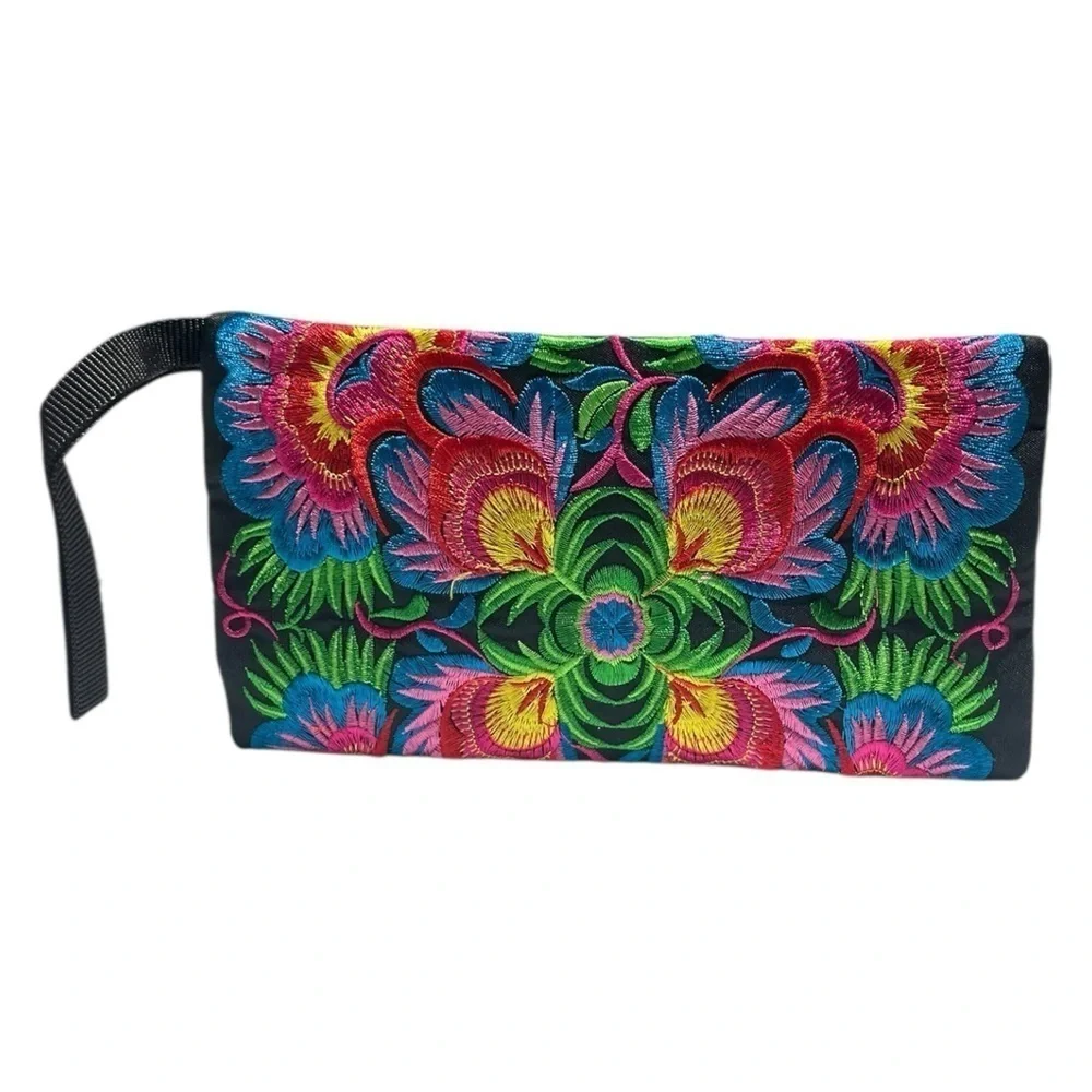 Sabai Jai Floral Embroidered Boho Clutch - Handmade Ethnic Flower Wristlet Purse